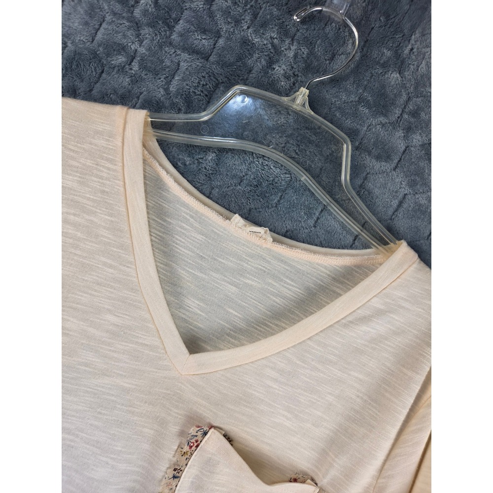 POL TKT603 Womens Peach Grey Ombre V-Neck Floral Pocket Slub Knit Tee Large